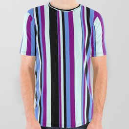 [ Thumbnail: Cornflower Blue, Purple, Light Cyan, and Black Colored Stripes Pattern All Over Graphic Tee ]