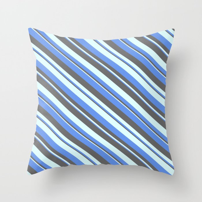 Cornflower Blue, Dim Gray, and Light Cyan Colored Striped Pattern Throw Pillow
