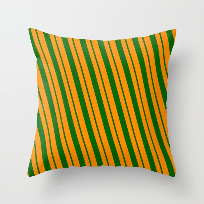 Dark Orange & Dark Green Colored Striped/Lined Pattern Throw Pillow