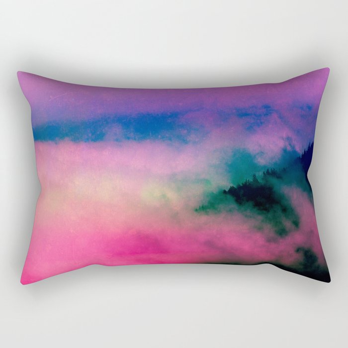 Fog Forest Mountain - Pink Rainbow Northern Lights Rectangular Pillow