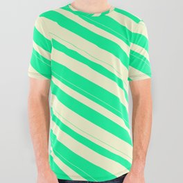 [ Thumbnail: Green & Light Yellow Colored Lined Pattern All Over Graphic Tee ]