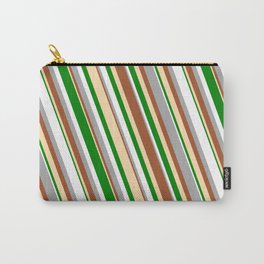 [ Thumbnail: Vibrant Dark Grey, Sienna, Tan, Green & White Colored Lined Pattern Carry-All Pouch ]