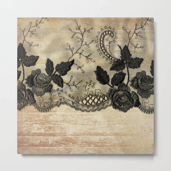 Black floral lace on wood -Elegant and luxury design for women Metal Print