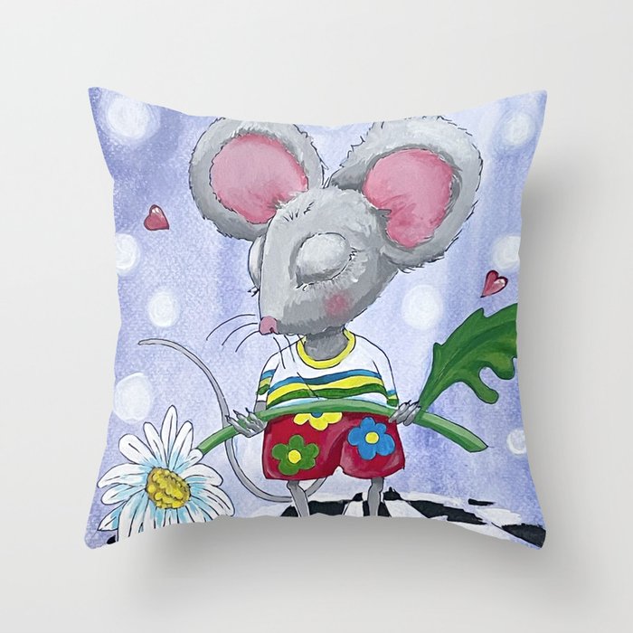 Mouse and the Daisy Throw Pillow