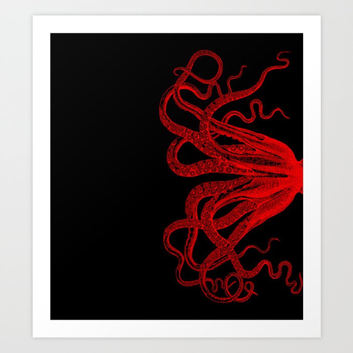 Red Vintage Octopus  Tentacles Illustration Art Print