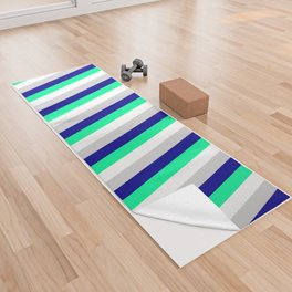 [ Thumbnail: White, Green, Dark Blue & Light Grey Colored Lines Pattern Yoga Towel ]