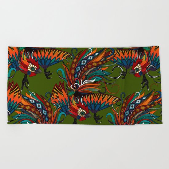 rooster ink green Beach Towel
