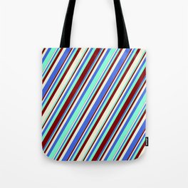 [ Thumbnail: Royal Blue, Aquamarine, Maroon & Beige Colored Striped Pattern Tote Bag ]