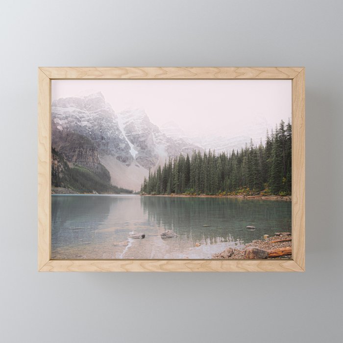 Snowy mountain, pine forest landscape, boreal forest, nature wall art Framed Mini Art Print
