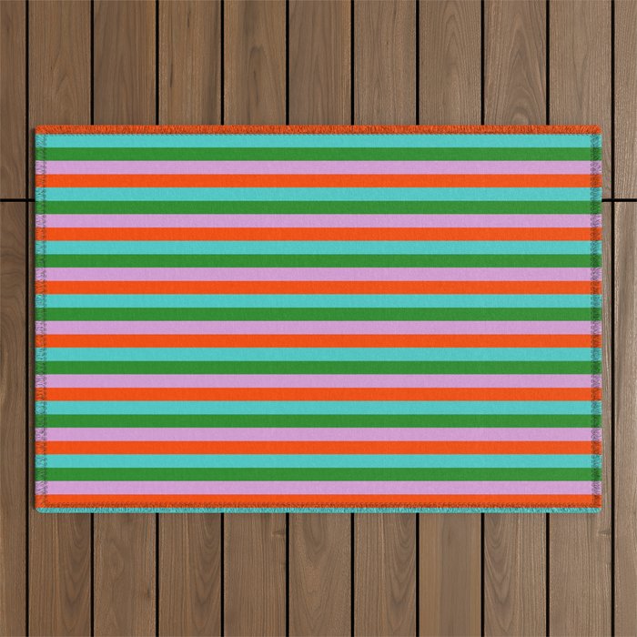 Turquoise, Forest Green, Plum & Red Colored Striped/Lined Pattern Outdoor Rug