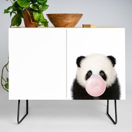 Baby Panda Blowing Bubble Gum, Pink Nursery, Baby Animals Art Print by Synplus Credenza