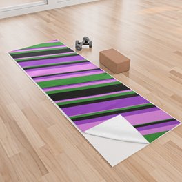 [ Thumbnail: Dark Orchid, Violet, Forest Green, and Black Colored Lines Pattern Yoga Towel ]