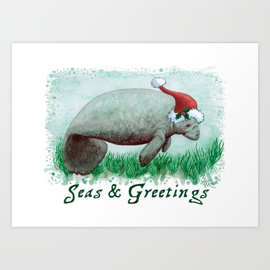 Seas and Greetings ~ The Manatee ~ Watercolor Art Print