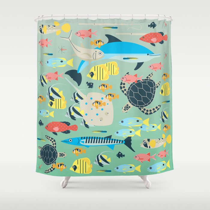 Underwater World With Coral Reef Animals Shower Curtain By Tinyspinycactus