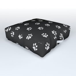 Doodle white paw print seamless fabric design pattern with black background Outdoor Floor Cushion | Dog Mom, Cat Mom, Cat Dad, Drawing, Pattern, Dog Dad, Pet, Paw, Colored Pencil, Cat 