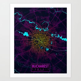 Bucharest City Map Romania - Neon Art Print | Map, Romanian, Graphicdesign, Romania, Bucharestcitymap, Bucharestmap, Street, Bucharestcity, Bucharest, Neon 