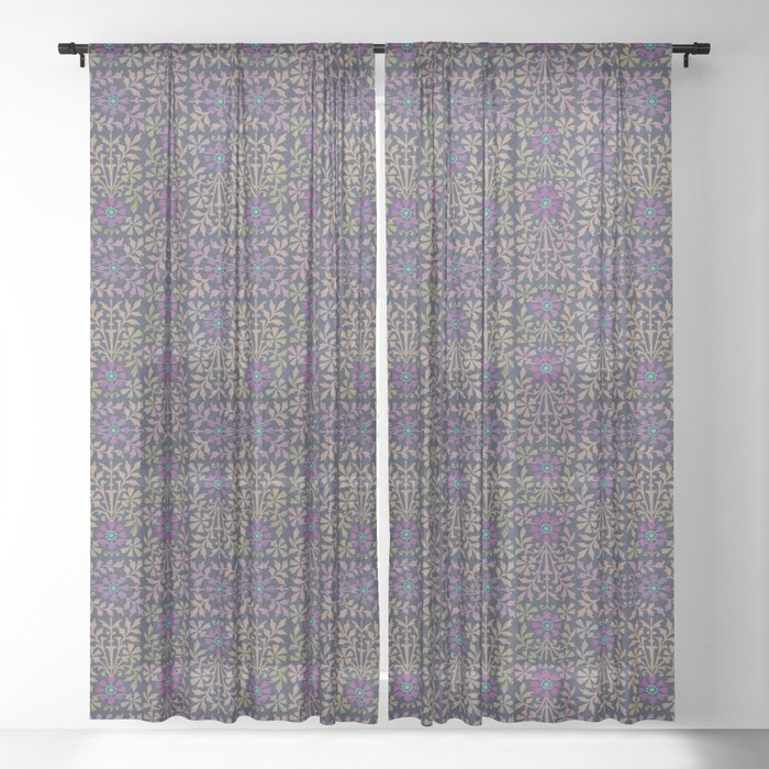 Purple Mauve Vintage Floral Pattern Sheer Curtain