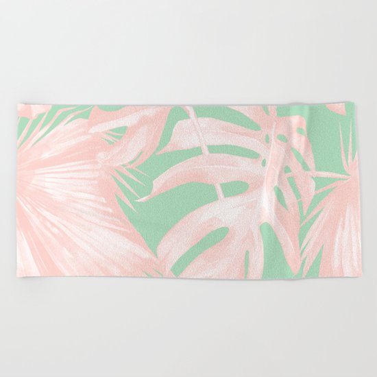 Tropical Palm Leaves Coral Pink Mint Green Beach Towel