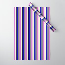 [ Thumbnail: Vibrant Black, Blue, Grey, Orchid, and Beige Colored Striped/Lined Pattern Wrapping Paper ]