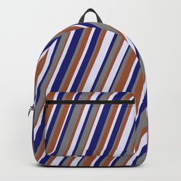 [ Thumbnail: Lavender, Midnight Blue, Gray, and Sienna Colored Lined/Striped Pattern Backpack ]