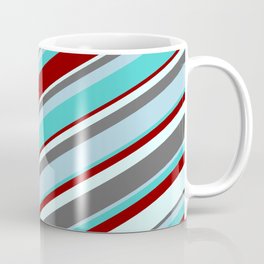 [ Thumbnail: Eyecatching Dim Grey, Light Blue, Turquoise, Dark Red, and Light Cyan Colored Lines Pattern Coffee Mug ]