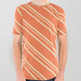 [ Thumbnail: Coral and Beige Colored Striped Pattern All Over Graphic Tee ]