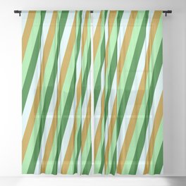 [ Thumbnail: Dark Goldenrod, Light Green, Dark Green & Light Cyan Colored Striped/Lined Pattern Sheer Curtain ]