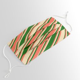 [ Thumbnail: Beige, Dark Green & Red Colored Lined Pattern Face Mask ]