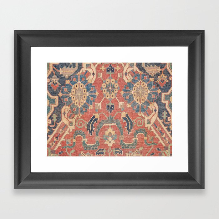 Geometric Leaves V // 18th Century Distressed Red Blue Green Colorful Ornate Accent Rug Pattern Framed Art Print