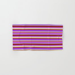 [ Thumbnail: Maroon, Orchid, Purple & Pale Goldenrod Colored Stripes/Lines Pattern Hand & Bath Towel ]