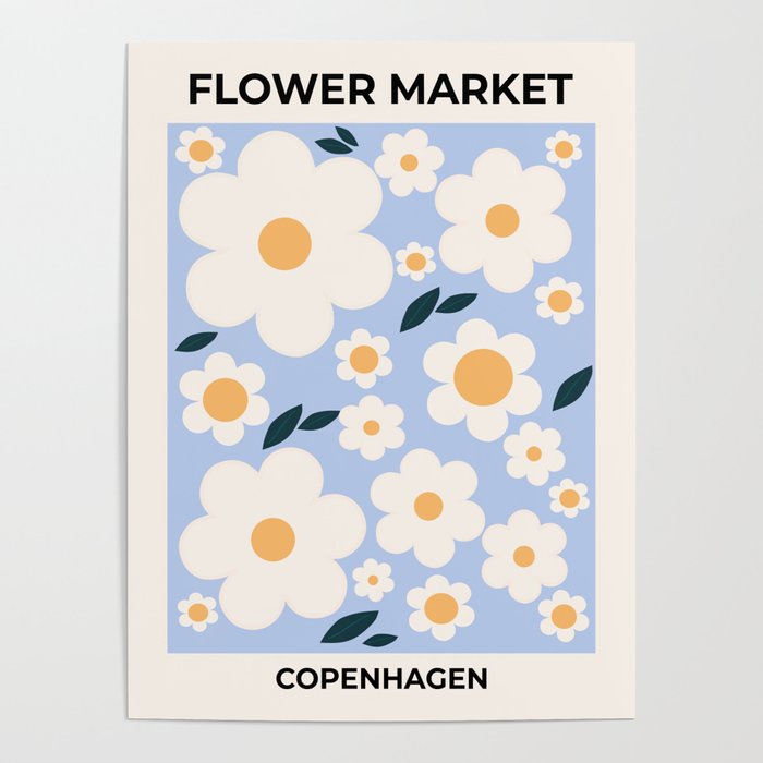 Flower Market Copenhagen White Flowers Baby Blue Retro Flowers Abstract Floral Art Modern Decor Poster