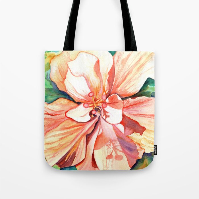 Double Peach Tropical Hibiscus Tote Bag