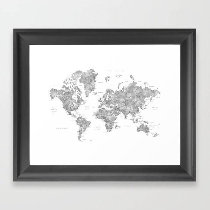 Grayscale watercolor world map with cities Framed Art Print