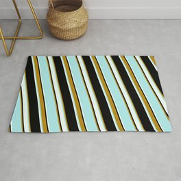 [ Thumbnail: Black, Dark Goldenrod, Turquoise & Mint Cream Colored Lined Pattern Rug ]