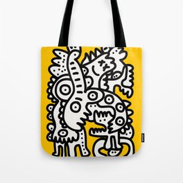 Black and White Cool Monsters Graffiti on Yellow Background Tote Bag