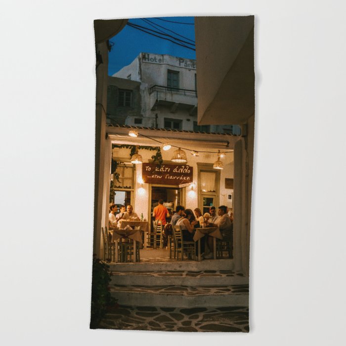 An Evening in the Greek Streets of Naxos | Warm Yellow Cafe in Dark Blue Night | Summer Nights with Dinner in South Europe | Travel Photography Beach Towel