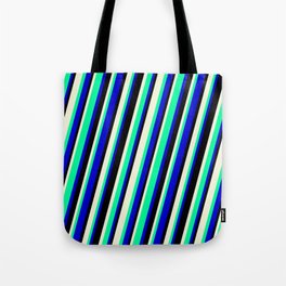 [ Thumbnail: Beige, Green, Blue, and Black Colored Striped/Lined Pattern Tote Bag ]
