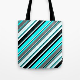 [ Thumbnail: Aqua, Dim Gray, Light Cyan & Black Colored Lines/Stripes Pattern Tote Bag ]