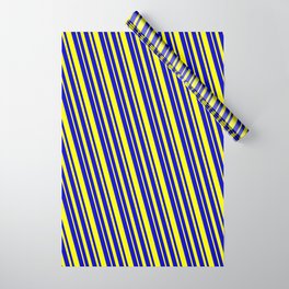 [ Thumbnail: Blue & Yellow Colored Striped/Lined Pattern Wrapping Paper ]