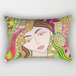 Beautiful fashion woman with abstract long hair. Hand drawn face. Colorful doodle cartoon illustration. Spring, summer girl, fantasy folk art Rectangular Pillow