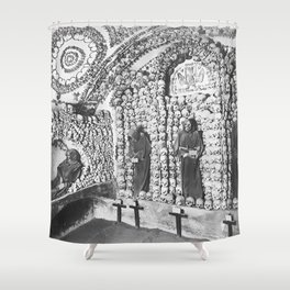 Capuchin crypt catacombs arranged skeletons and monks of Rome skulls and bones black and white photograph – photographs - photography Shower Curtain