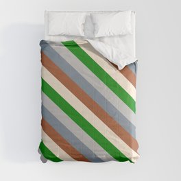 [ Thumbnail: Grey, Light Slate Gray, Sienna, Beige & Green Colored Lines Pattern Comforter ]