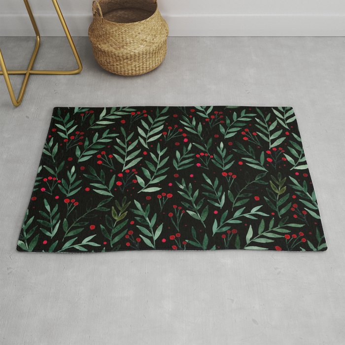 Festive watercolor branches - black, red and green Rug