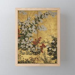 White Red Chrysanthemums Floral Japanese Gold Screen Framed Mini Art Print
