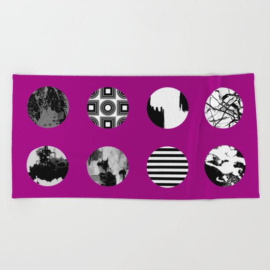 Purple Delight - Black And White Eclectic Random Designs On A Purple Background Beach Towel