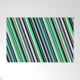 [ Thumbnail: Eyecatching Green, Bisque, Midnight Blue, Dark Grey, and Black Colored Lines/Stripes Pattern Welcome Mat ]