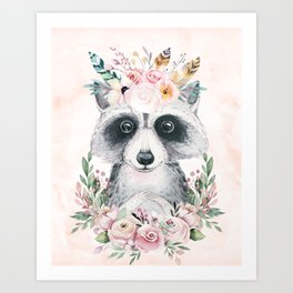 Forest Raccoon Floral Pink by Nature Magick Art Print