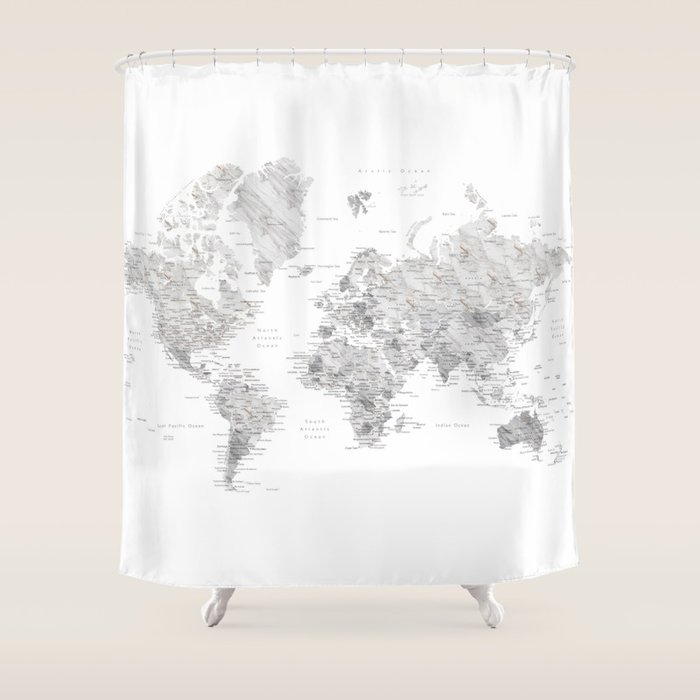 Marble World Map In Light Grey And Brown Shower Curtain By