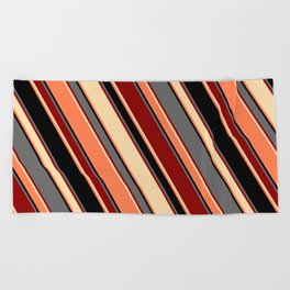[ Thumbnail: Eye-catching Dim Grey, Dark Red, Tan, Coral, and Black Colored Striped Pattern Beach Towel ]