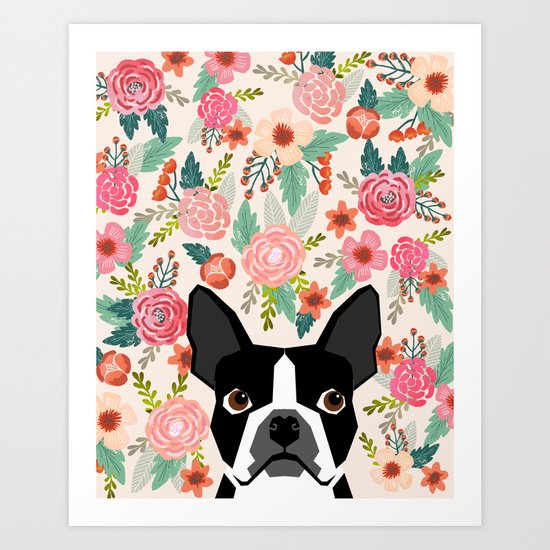 Boston Terrier florals flowers boho cute black and white boston terrier puppy dog pet portraits Art Print